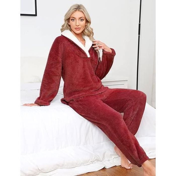 Pyjama Femme Hiver Chaud et Polaire GYROOR 2 Pieces Rouge