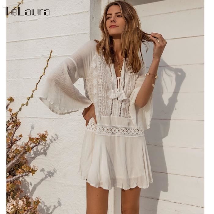 Robe De Plage En Coton Blanc Pour Femmes, Avec Des Franges, En