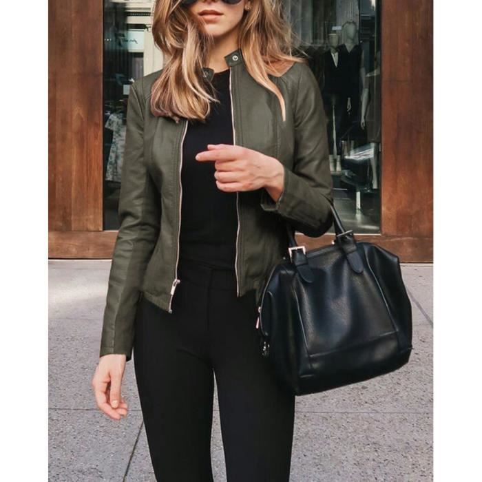 Veste Casual Femme Simili Cuir Veste Court Printemps et Automne Veste Cuir Ample Tunique Courte Armee verte Armee verte Cdiscount Pret a Porter