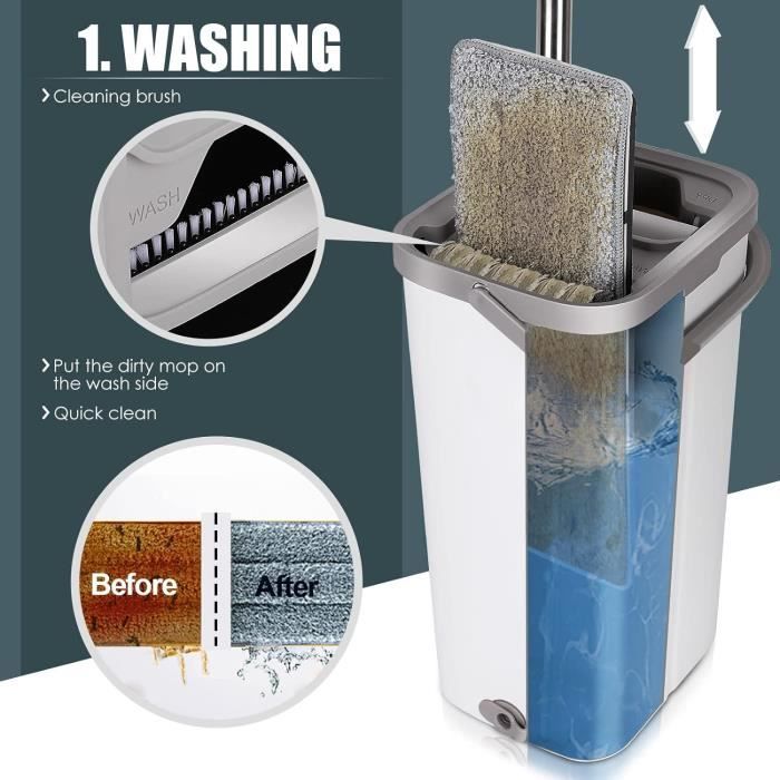 Serpillère Plate Avec Seau à Essoreur Intégré - 8 Lingettes Microfibre Réutilisables - Système De Nettoyage Mains Libres Pour Sols