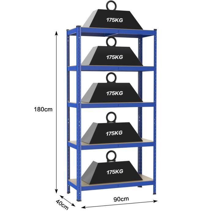 Étagère Métallique Yaheetech 180x90x40cm - Charge 875kg - 5 Niveaux Réglables - Garage/atelier