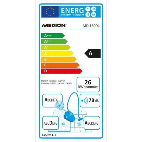 filtre EPA E12 lavable MD 19407 MEDION aspirateur cyclonique Puissance 800 watts utilisation dans un rayon de 5 m bleu conteneur à poussière avec capacité de 2 litres