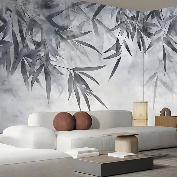 Papier Peint Panoramique Feuilles De Bambou Noires Plantes Abstraites ...