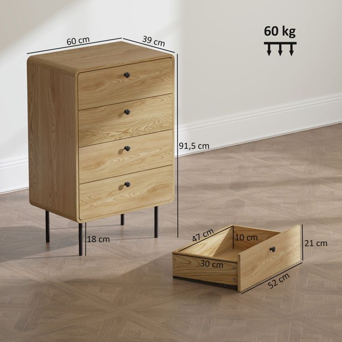 Commode 4 Tiroirs HOMCOM - 60x36x90 Cm, Effet Bois Marron - Meuble Rangement Chambre Ou Salon - 5