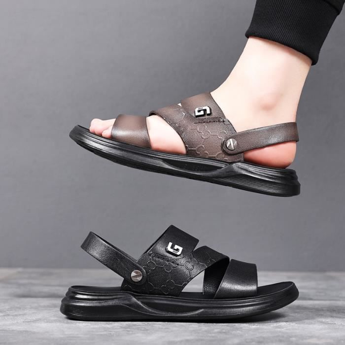 Sandales à Glissière Hommes Cuir - Bout Ouvert Rivets - Sandales Plage Imperméables