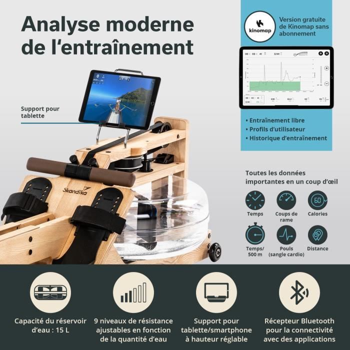 Skandika Nytta Rameur D'eau Pliable En Bois Avec Réservoir à 45°, Montage Rapide, En Hêtre Massif Européen, Compatible Avec L'application Kinomap, Rameur Pour La Maison