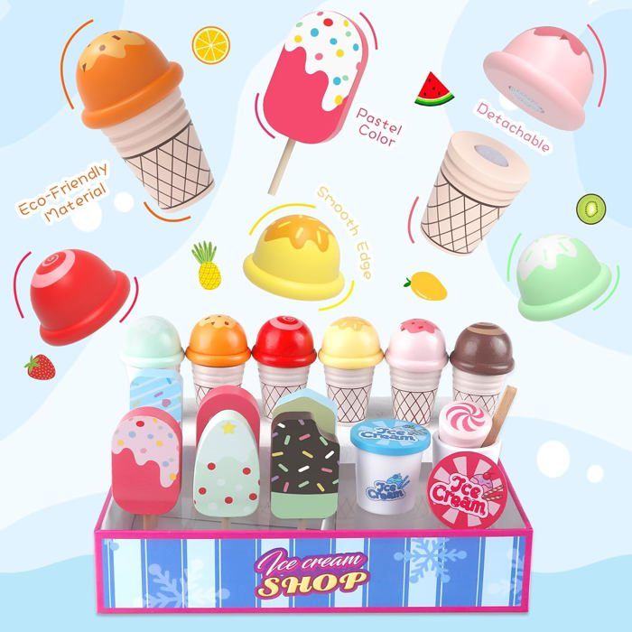 Plunack Glacier En Bois - Stand De Crème Glacée Avec Menu, Monnaie Et Accessoires, Jeu De Rôle Pour Enfants 3-6 Ans