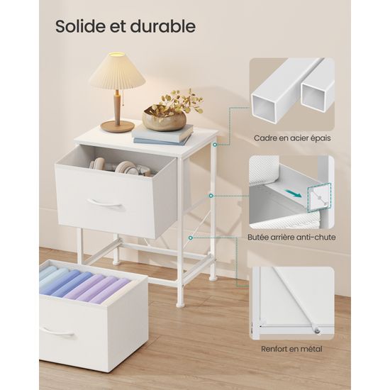 Table De Chevet 2 Tiroirs En Tissu – Blanc Nuage – 30x40x52 Cm – Rangement Chambre, Salon, Dressing