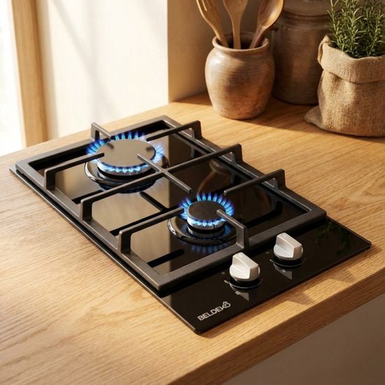 Plaque De Cuisson Gaz Domino 2 Feux BELDEKO - Inox, 30x52cm, 4000W, Sécurité Thermocouple, Gaz Bouteille/ville
