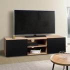 IDMARKET Meuble TV 113 cm ELI bois façon hêtre portes noires