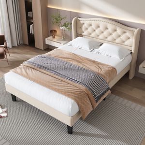 TÊTE DE LIT Lit rembourré et élégant avec tête de lit veloutée,90 x 200 cm,décor de boutons et panneaux en bois robustes,beige