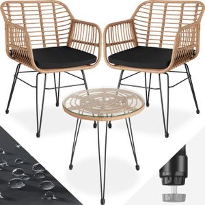 Ensemble table et chaise de jardin TECTAKE Salon de jardin MOLFETTA Pour 2 personnes avec Plateau en verre de sécurité au Design filigrane - Marron Naturel