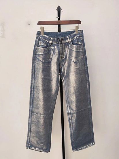 DEAT Jean taille haute pour femme pantalon en denim imprime dore pleine longueur droit jambe large nouvelle mode Silver A305 Blanc Cdiscount Pret a Porter