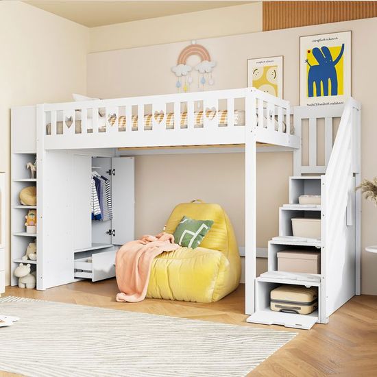 Lit Mezzanine Enfant 90x200 Cm Blanc, Avec Tableau à Peindre, Coffre De Rangement, échelle 3 Marches Et Espace Réglable Dessous - 11