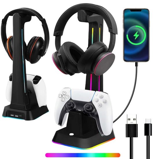 Support Casque Gaming VCOM RGB - 10 Modes Lumières, 2 Ports USB - Pour Casque Et Manettes - Base Stable