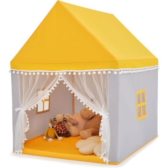 Tente Tipi Enfants Motif Étoilé – 80x80x110 Cm Avec Rideau, Puits De Lumière Et Pompons – Coton Lin Respirant Pour Chambre Ou Salle De Jeu