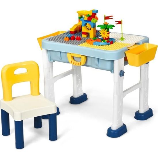 DREAMADE Table d’Activité avec Chaise pour Enfant, Table de Blocs de Construction Planche Double Face, pour Maison Ecole Maternelle