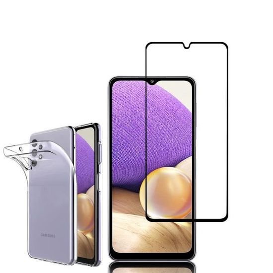 Pour Samsung Galaxy A32 5G 6.5": Coque silicone gel UltraSlim - TRANSPARENT + 1 Film verre trempé de couleur - NOIR
