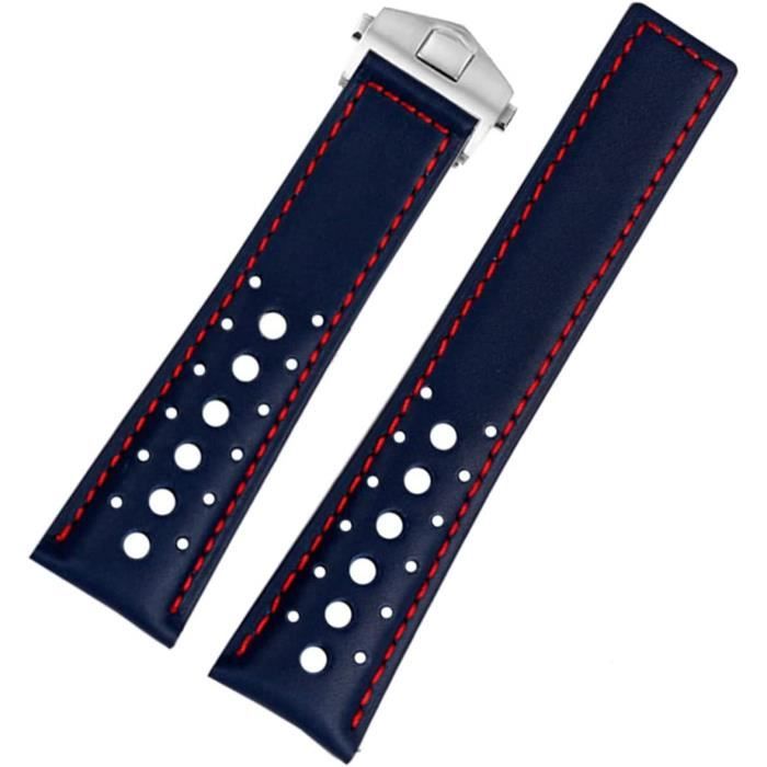 Bracelet de Montre pour TAG Heuer Monaco 22mm Bracelet en Cuir Véritable avec Bracelet Bleu Noir en Remplacement du.[Z488]