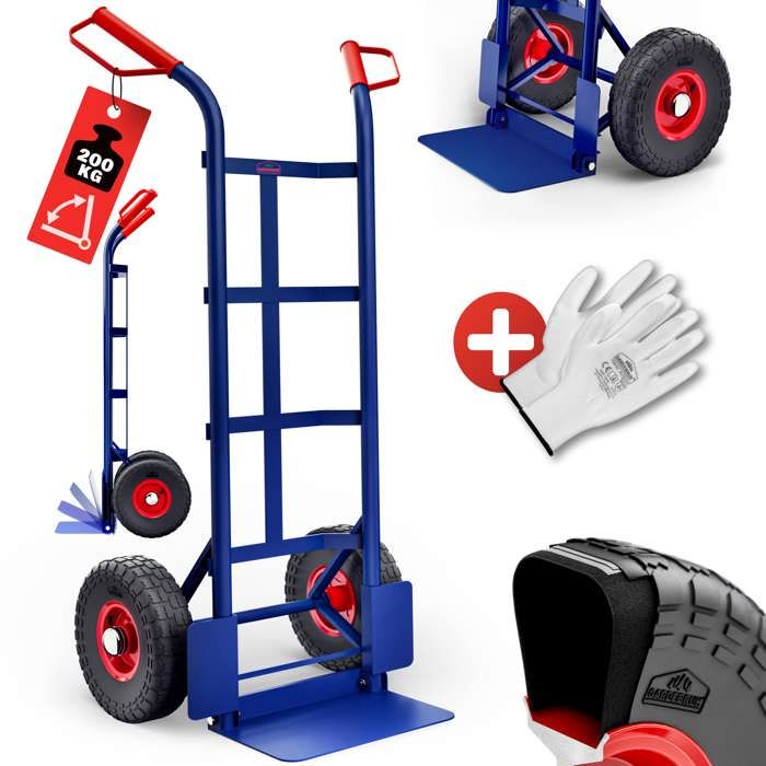 Diable en acier Capacité max. 200 kg Chariot de transport bleu avec roues pneumatiques