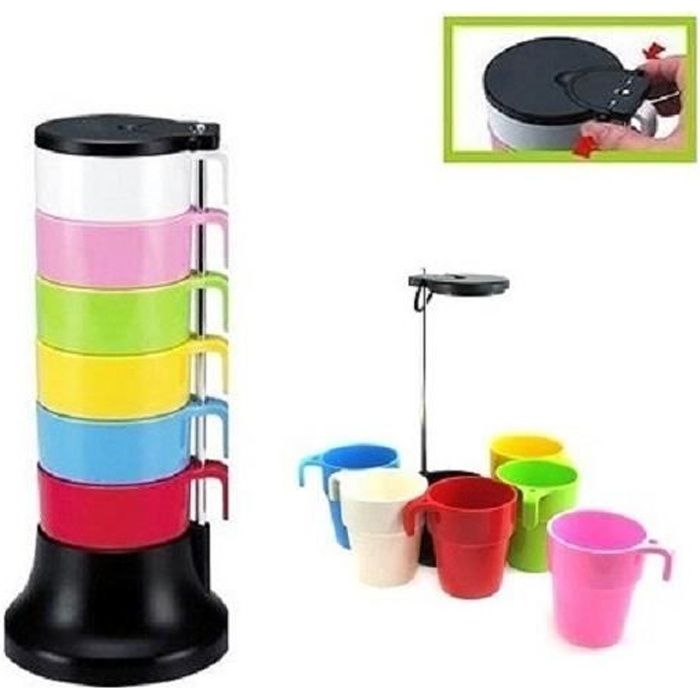 6 tasses MUG empilables avec support acier +1 couvercle neuf