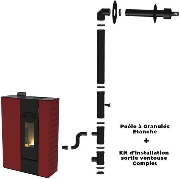 Poêle à granulés étanche Slim Astral 12 kW Bordeaux Sannover + Kit d'installation Complet