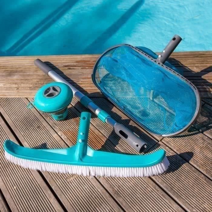 SPOOL Kit d'entretien de piscine 4 accessoires : manche téléscopique, brosse ligne d'eau, épuisette,