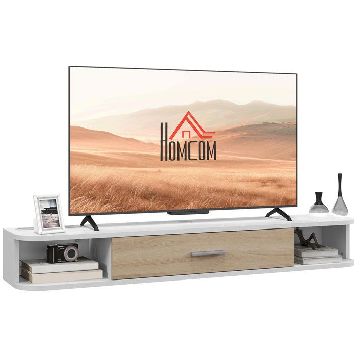 Meuble TV mural HOMCOM banc TV jusquà 50 pouces avec compartiments ouverts et armoire à porte rabattable 120l x 26P x 16H cm Blanc