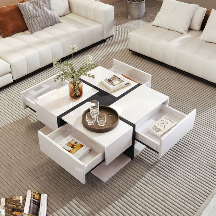 Table basse salon blanc 4 tiroirs Rangement Design de lignes carrées Style moderne 78x78x34.8cm Noir