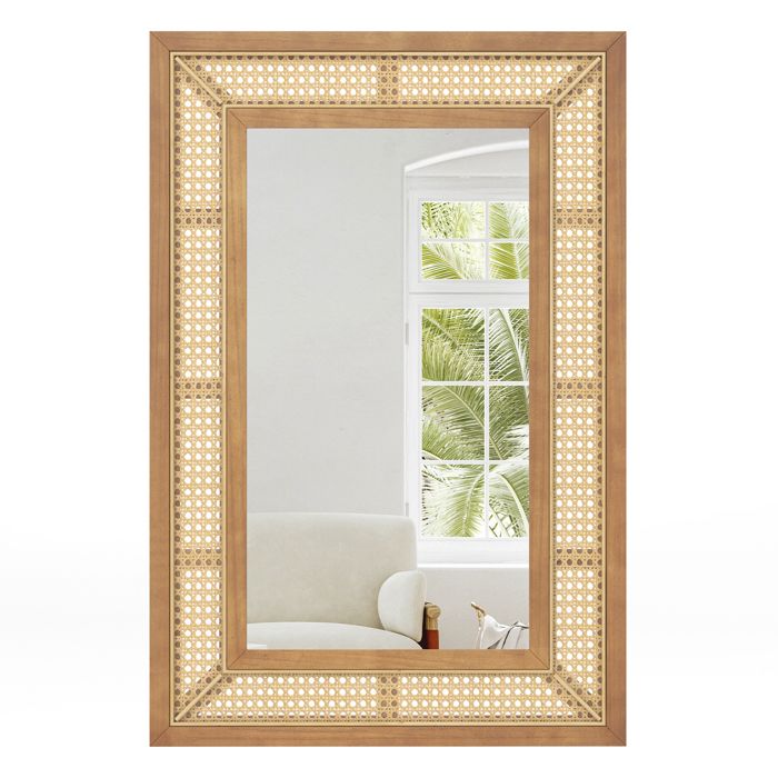 COSTWAY Miroir Mural Rectangulaire 90 x 60 cm en Rotin Cadre en Bois Miroir Suspendu Vertical ou Horizontal pour Salon Entrée