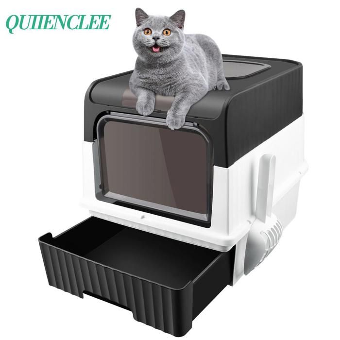 Meilleurs prix pour QUIIENCLEE-Bac à litière pour chat, 49*37*35cm Toilette pour chat en plastique PP (avec pelle à litière), noir, inodore