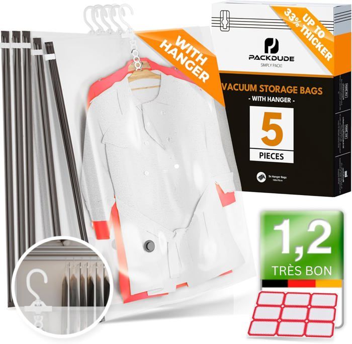 PACKDUDE Sacs Sous Vide 5 Pièces 100x70 Cm Avec Crochets - Rangement Vêtements Aspirateur