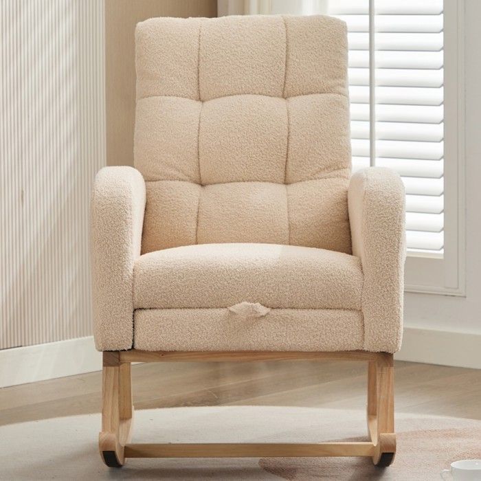 Fauteuil à Bascule Velours Teddy Beige - Bois Massif Et Métal - Rembourrage Mousse Haute Densité - Salon, Chambre
