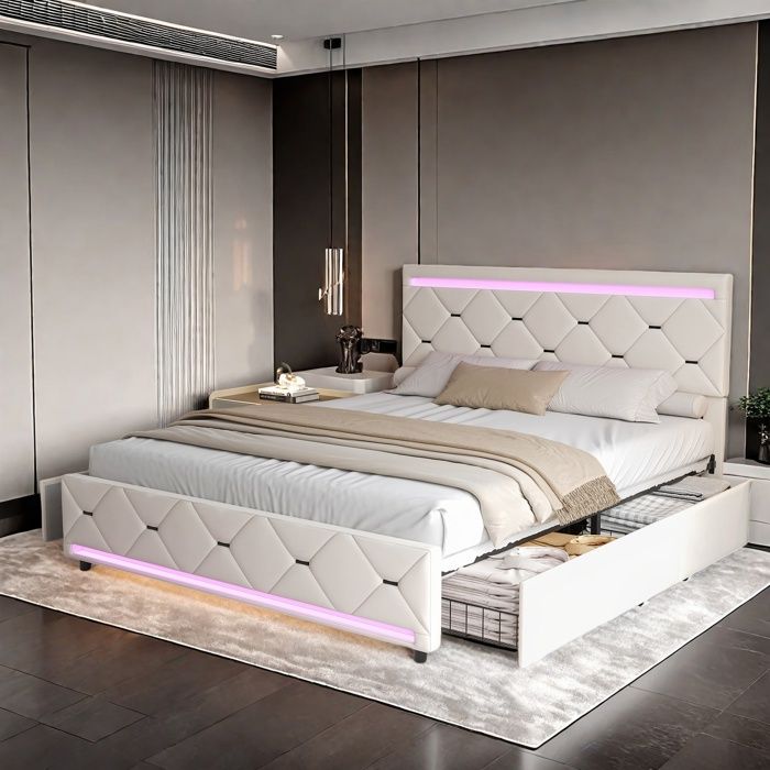 Lit 140x200 cm Lit double 140x200 cm avec LED et 4 tiroirs Port USB Sommier à lattes Style moderne Tissu en velours Beige