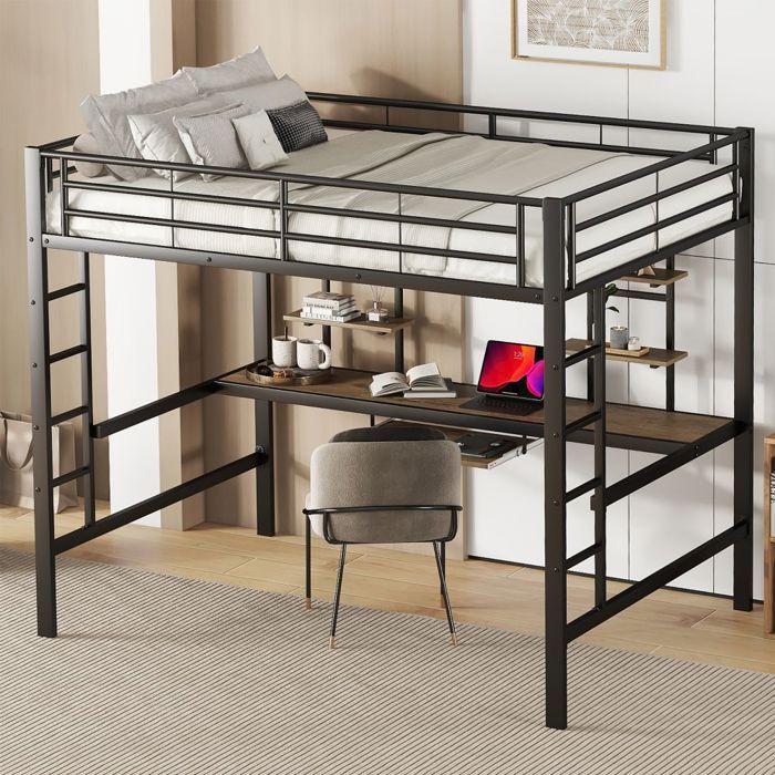 Lit Mezzanine en Métal 140x200 cm Noir, Lit superposé avec Étagères, Bureau et Échelle de Rangement, Lit enfant avec Barrière Sécurisée, Sans matelas | Leroy Merlin Lit Mezzanine en Métal 140x200 cm Noir, Lit superposé avec Étagères, Bureau et Échelle de Rangement, Lit enfant avec Barrière Sécurisée, Sans matelas | Leroy Merlin