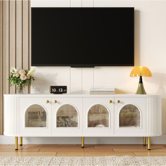 Meuble TV pour Salon - Modenuit - 170x35x55 cm - Portes Vitrées - Rangement Pratique - Pieds Dorés - Blanc