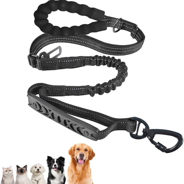 Laisse élastique antichoc pour chien  12 à 19 mètre  Poignée renforcée double couche  Éléments réfléchissants  Noire