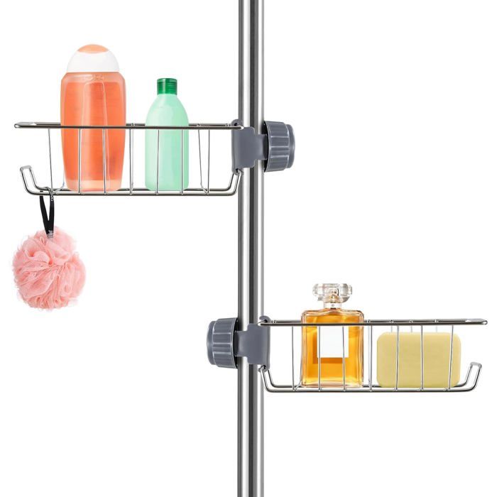 Étagères de Douche Sans Perçage en Acier Inoxydable - Support et Porte Savon - 2 Pcs Pour Barre 18-25mm - Design Argenté