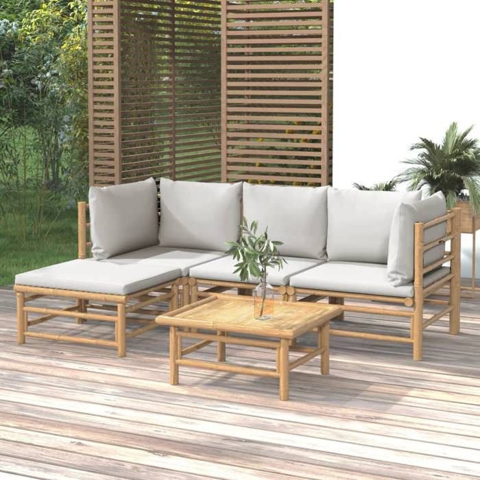 Salon de jardin en bambou - vidaXL - 5 pièces - Coussins gris clair - Modulaire - Bambou naturel - Table 55x65x30 cm