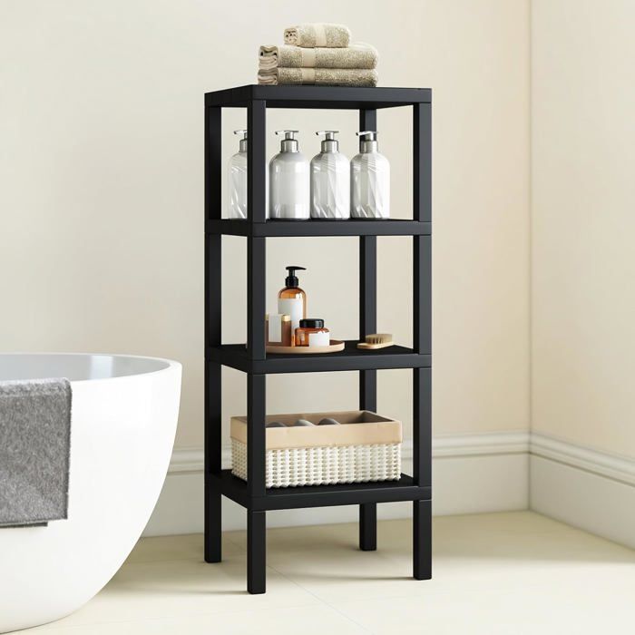 Meuble Étagère Autoportante à 4 Niveaux COSTWAY Organisateur de Rangement en PP pour Salle de Bain Cuisine Salon Buanderie Noir