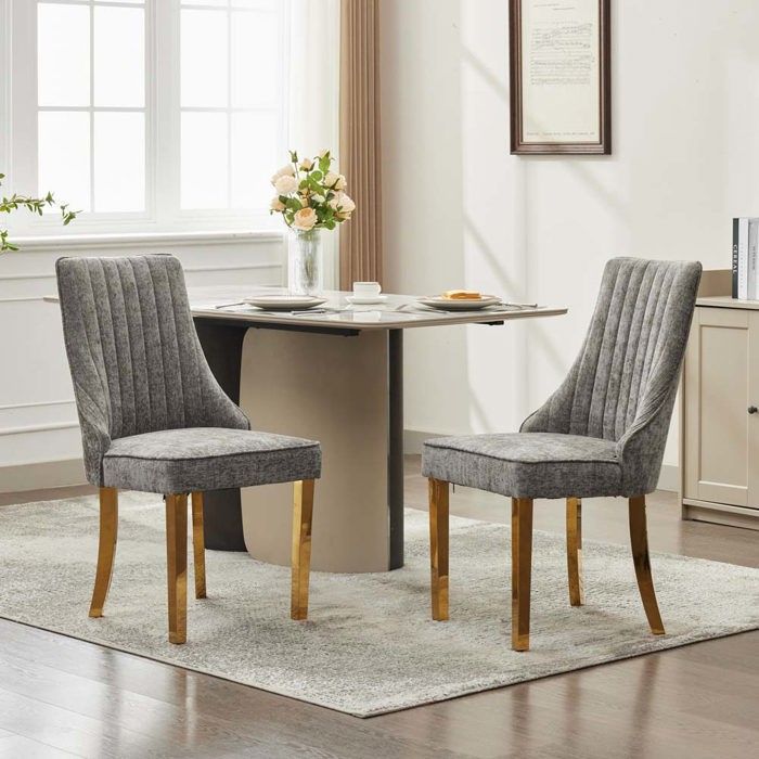 Chaise de salle à manger - Lot de 2 chaises - Dossier haut - Pieds métal réglables - Tissu chenille gris