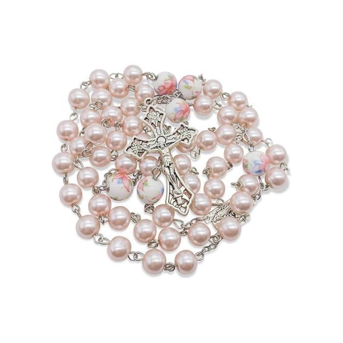 Nazareth Store Chapelet en Perles de Perle Rose et Fleurs Blanches Médaille de Lourdes et Crucifix Jésus