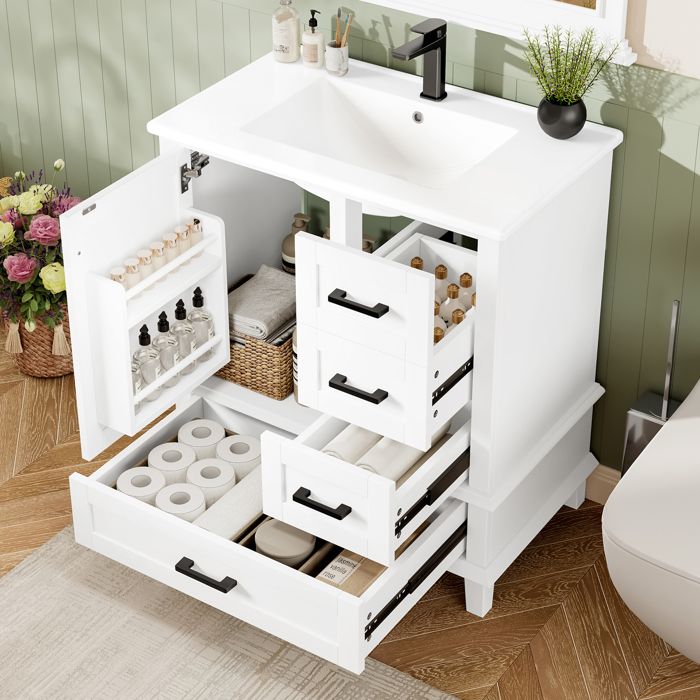 Meuble vasque sur pied 76x46x835 cm avec lavabo céramique 3 tiroirs 1 porte poignées noires en MDF blanc