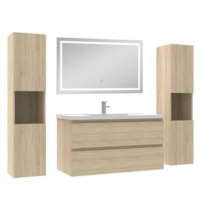 AICA Meuble de salle de bain 99 cm chêne mat avec Lavabo 2 colonnes + miroir LED 6000K dimmable AICA Meuble de salle de bain 99 cm chêne mat avec Lavabo 2 colonnes + miroir LED 6000K dimmable
