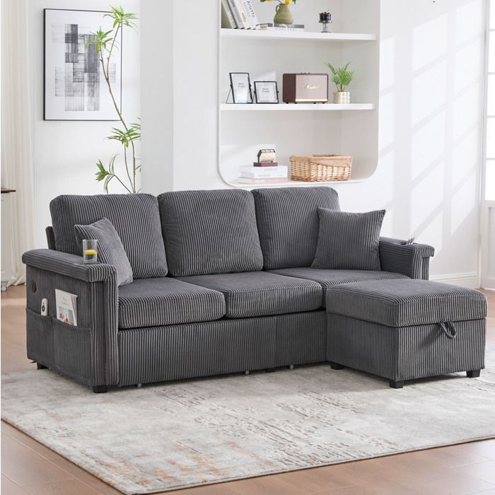 Canapé modulable 3 places avec éclairage LED repose-pieds de rangement 2 tiroirs et port USB-C velours côtelé gris foncé