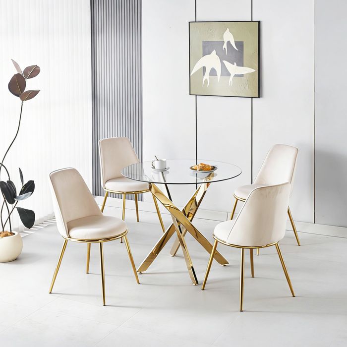 Ensemble salle à manger - Set 1 table + 4 chaises - Carré 80x80 cm - Velours blanc crème - Pieds métal doré