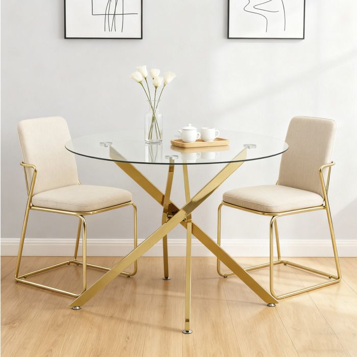 Table à manger ronde en verre trempé transparent avec pieds métalliques dorés