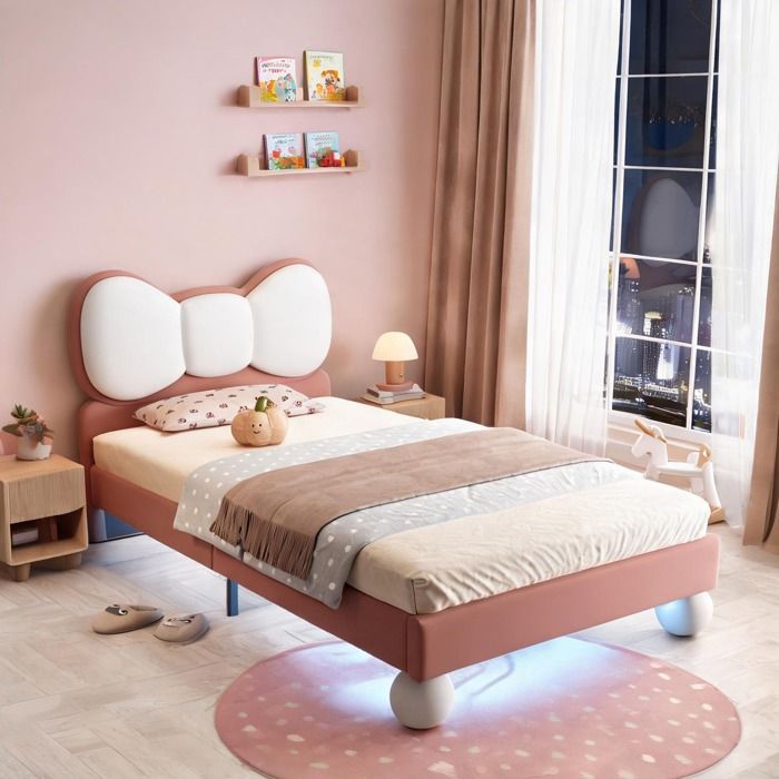 Lit enfant velours rose 90x200 cm tête de lit nœud papillon et bandeau LED