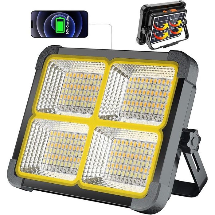Projecteur LED Rechargeable 100W 12000mAh avec Panneau Solaire 4 Modes dÉclairage Aimant et Pied Réglable Idéal pour Camping