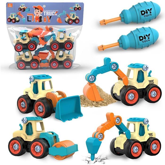 Véhicules de Construction 4-en-1 DIY : Démonter & Assembler Bulldozer Camion Tractopelle. Jouet pour Garçons 2-5 Ans.